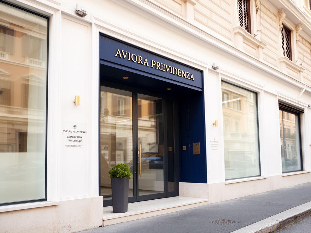 Esterno dello studio Aviora Previdenza a Roma con ingresso professionale e segnaletica elegante