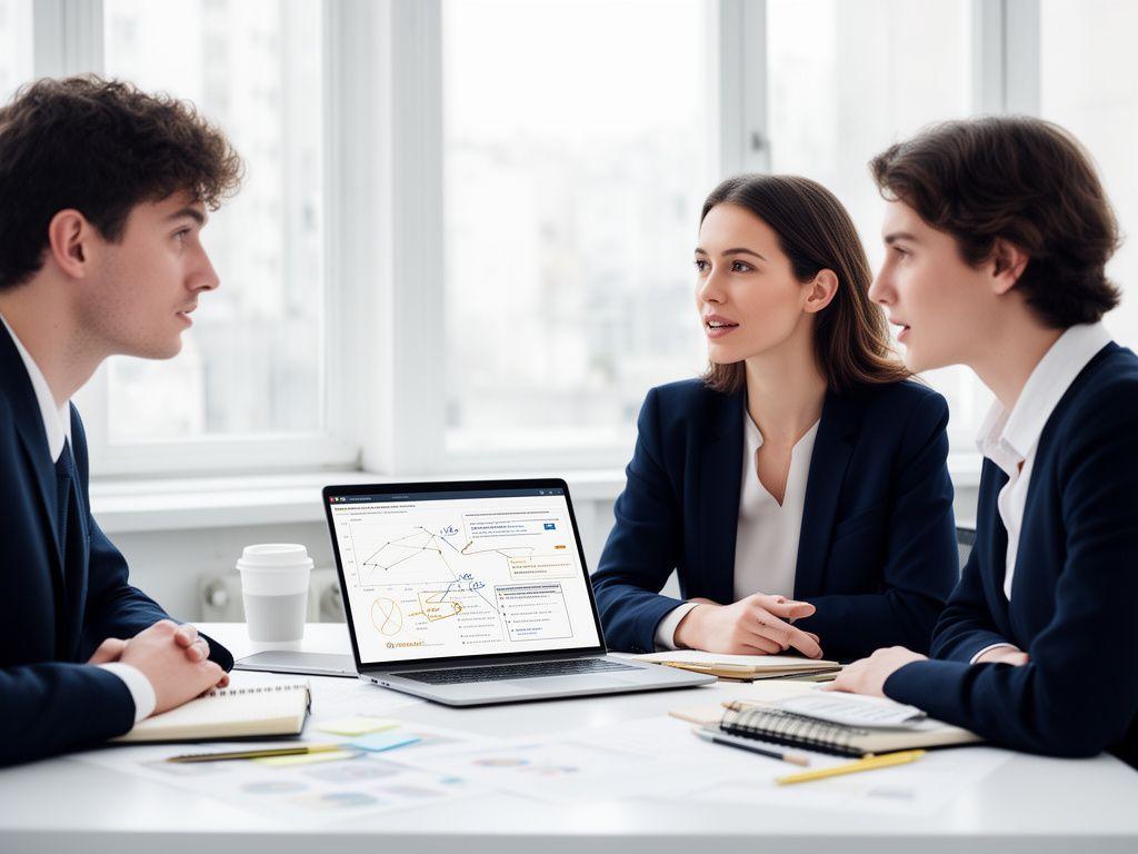 Giovani lavoratori in ufficio che discutono di previdenza complementare con grafici e laptop