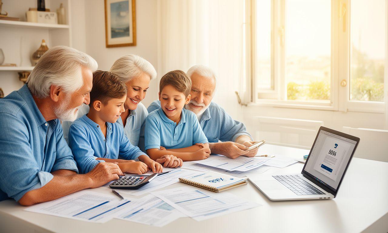 Famiglia italiana che pianifica insieme il futuro pensionistico con documenti e calcolatrice su un tavolo luminoso